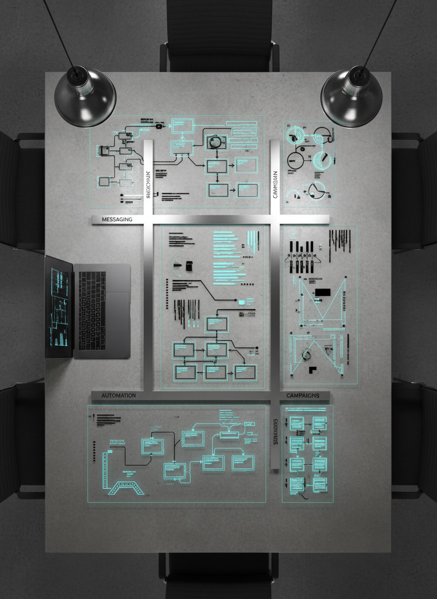 An overhead photographic view of a polished concrete conference table covered in a meticulously arranged system architecture layout: overlapping transparent acrylic panels etched with flowcharts, CRM data maps, and marketing funnels in high-contrast black and neon cyan lines. Thin metal dividers segment sections labeled “Messaging,” “CRM,” “Automation,” and “Campaigns.” A dark charcoal laptop sits partially open at one edge, its screen reflecting faint gridlines. Cool, directional studio lighting from above creates crisp edges and layered shadows between the acrylic pieces, emphasizing depth and structure. The composition feels bold and engineered, with sharp realism and a modern, high-tech aesthetic that visually represents strategy, alignment, and the invisible framework behind creative marketing work.