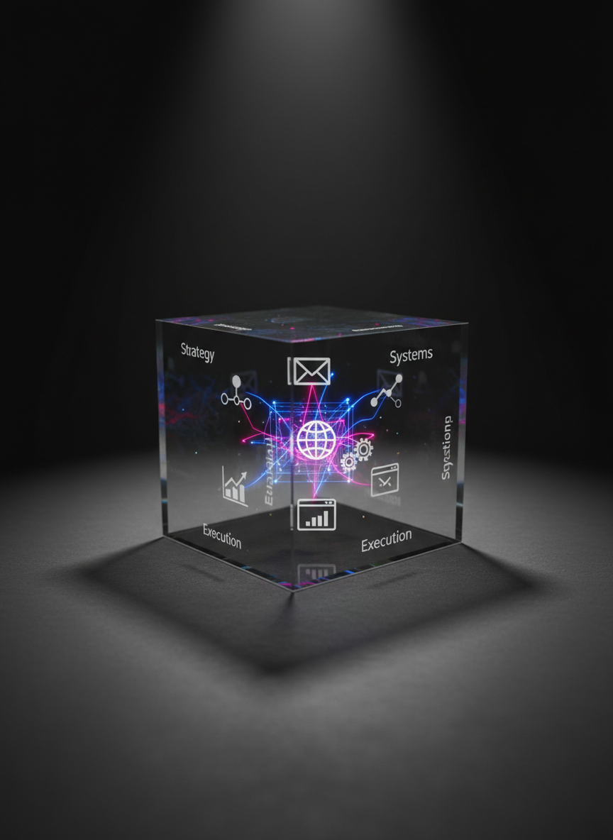 A close-up, photographic shot of a transparent glass cube resting on a matte charcoal surface, each inner layer of the cube containing floating, sharply defined digital icons representing email, CRM, analytics, web, and automation, connected by luminous lines in electric blue and vivid magenta. Subtle etched labels—“Strategy,” “Systems,” and “Execution”—are visible on different cube faces. A single spotlight from the upper left casts a dramatic, angular shadow and causes the internal lines to glow, creating a sense of depth and precision. The background fades into a smooth black gradient, using a centered composition with a slightly low camera angle. The overall atmosphere is bold, futuristic, and ultra-organized, symbolizing Penekoli PLLC’s ability to build clear, integrated marketing architectures.