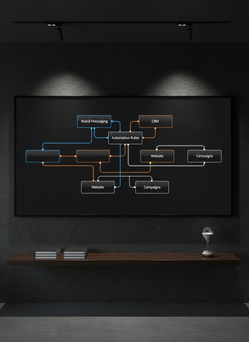A photographic scene of a large, wall-mounted digital whiteboard in a dark, modern office, its surface illuminated with a complex but clean system diagram. Color-coded paths in cobalt blue, bright orange, and crisp white connect labeled blocks: “Brand Messaging,” “CRM,” “Automation Rules,” “Website,” and “Campaigns.” Beneath, a slim floating shelf holds stacked blank notebooks and a single chrome hourglass, grains midway through, symbolizing timing and execution. Focused track lighting from above creates a high-contrast glow on the whiteboard and deep shadows on the dark slate wall behind it. Shot straight-on with sharp focus across the frame, the image feels decisive and assertive, capturing the transformation of chaos into an elegant, executable marketing plan.